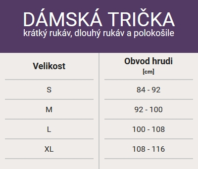 Dámská trička nanosilver - tabulka velikostí